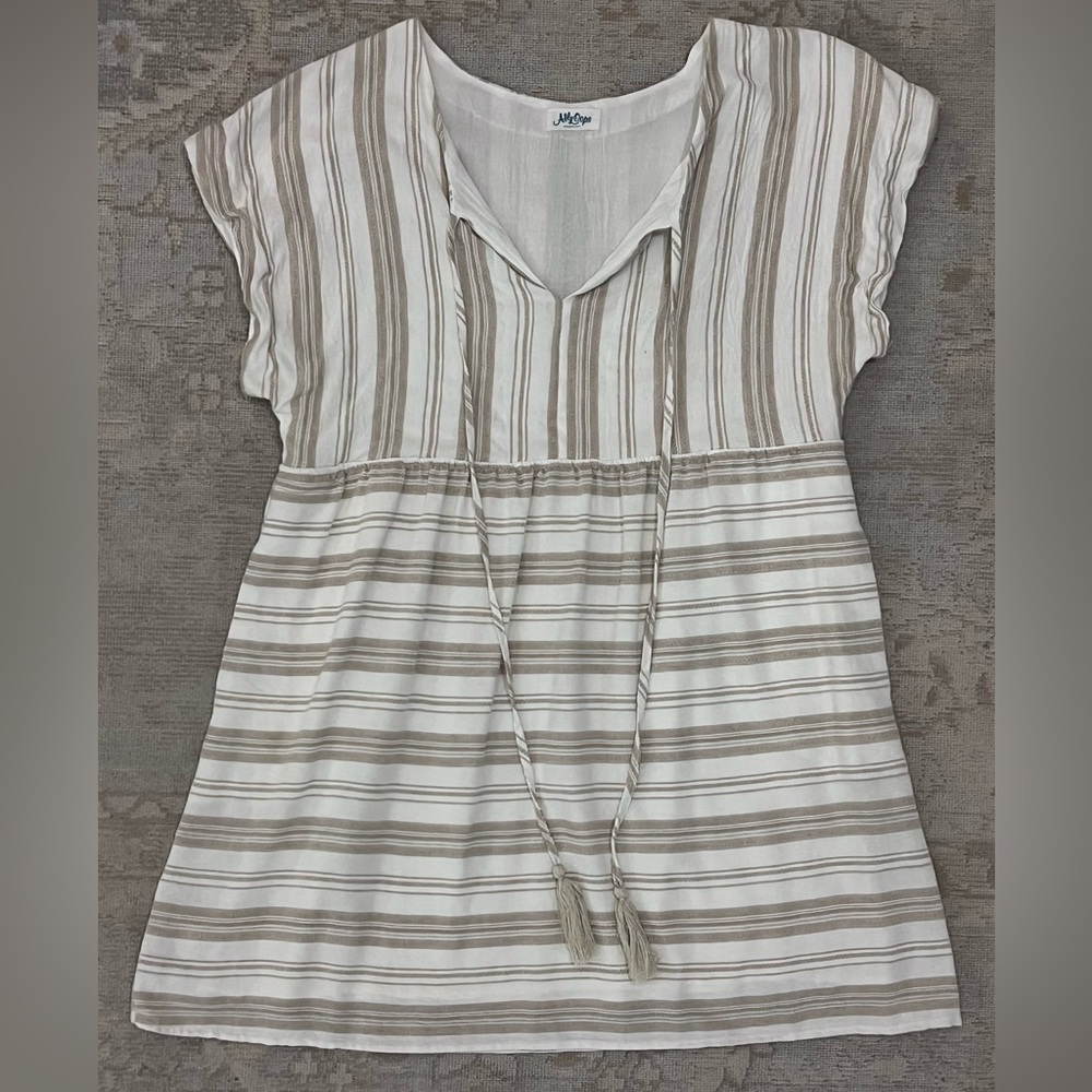 Boutique Striped Beige and White Ladies Shift Dress, Adult Size L, GUC